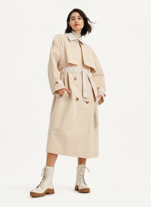 Beige Dkny Colorblocked Crinkle Women's Trench Coat | P6493259