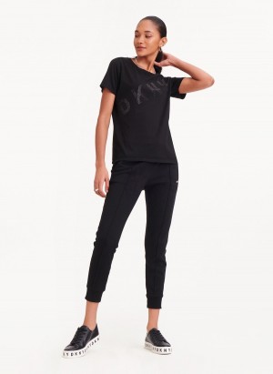 Black Dkny Diagonal Rhinestone Logo Women's T Shirts | D8905018