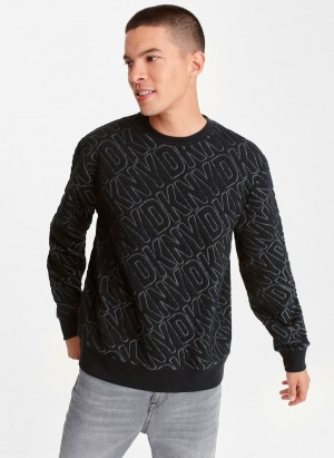 Black Dkny Double Knit Logo Crew Men's Sweaters | O0787563