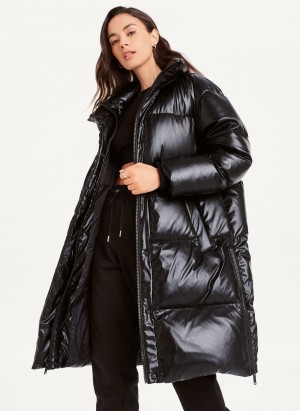 Black Dkny Faux Leather Long Women's Puffer Jacket | H4192943