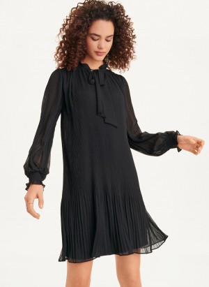 Black Dkny Long Sleeve Pleated A-Line Women's Dress | S4106500