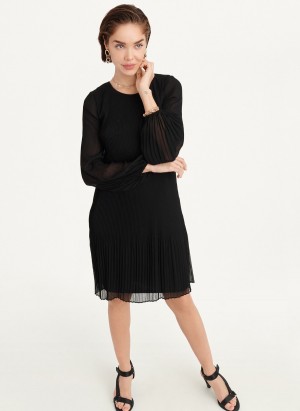 Black Dkny Long Sleeve Pleated A Line Women's Dress | M5206921