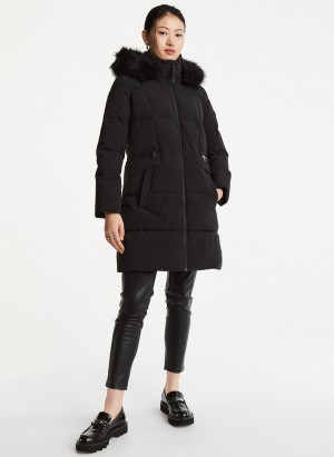 Black Dkny Long With Double Pockets Women's Puffer Jacket | B2115813