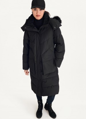 Black Dkny Long With Faux Fur Hood Women's Puffer Jacket | C1104098