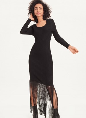 Black Dkny Maxi Fringe Women's Dress | C5721008