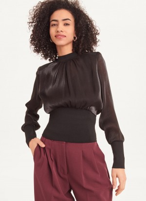 Black Dkny Shiny Chiffon Top Women's Blouse | R8920883