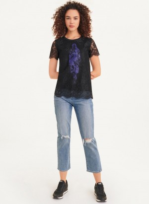 Black Dkny Short Sleeve Lace Overlay With Fashion Girl Graphic Women's T Shirts | M0739378