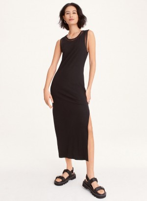 Black Dkny Sleeveless Mix Media Mesh Midi Women's Dress | U1609342