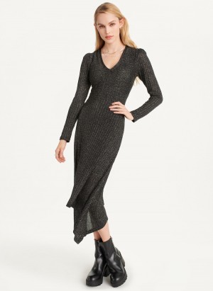 Black Dkny Sparkle Ribbed Midi Women's Dress | W5844185