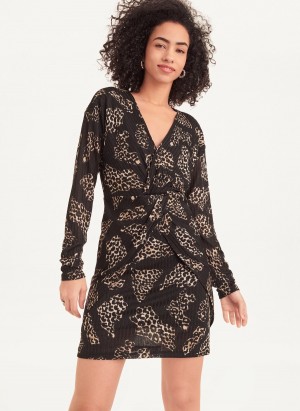 Black Dkny V-Neck Printed Women's Dress | N9745912