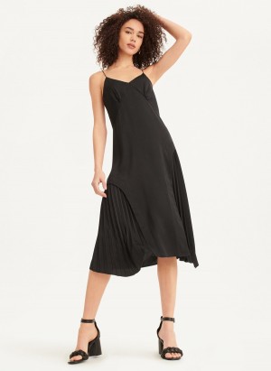 Black Dkny V-neck Asymmetrical Pleated Women's Dress | X1684193