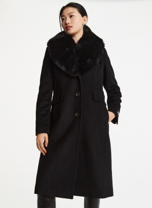 Black Dkny Wool With Faux Fur Collar Women's Trench Coat | A9354513