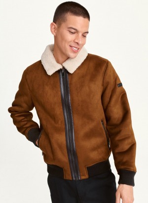 Brown Dkny Faux Shearling Bomber W Sherpa Men's Jackets | P7713871