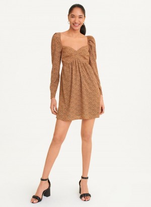 Brown Dkny Printed V-Neck Women's Dress | T1413903