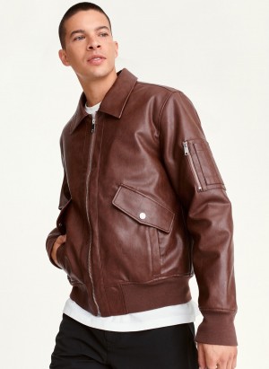 Burgundy Dkny Faux Soft Lamb Bomber Men's Jackets | P5203883