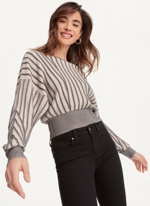 Grey Dkny Long Sleeve Transfer Stitch Women's Sweaters | K6538318