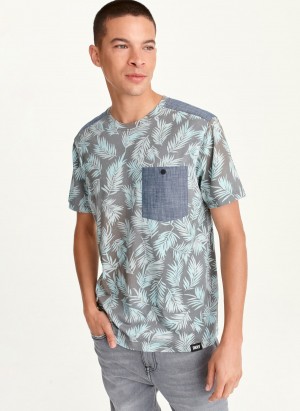 Grey Dkny Palm Print Crew Men's T Shirts | C1491983