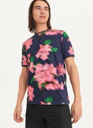 Navy Dkny Blurry Floral Crew Men's T Shirts | Y6220649