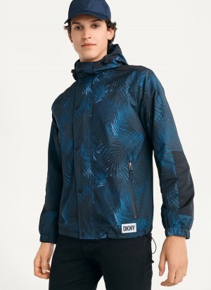 Navy Dkny Printed Nylon Wild Palm Hooded Rain Men's Jackets | V6680632