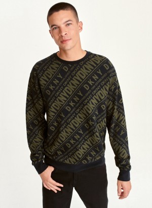 Olive Dkny Long Sleeve Diagonal Logo Print Crew Men's Sweaters | N6971569