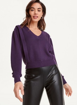 Purple Dkny Long Sleeve V-Neck Flange Women's Sweaters | E2374246