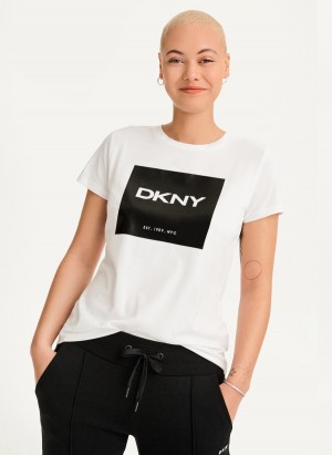 White Dkny Coated Box Logo Women's T Shirts | Z0438676