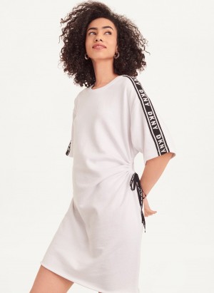 White Dkny Short Sleeve Cotton French Terry with Logo Tape Women's Dress | X7352960