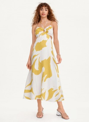 Yellow Dkny Printed Cut Out Halter Women's Dress | J1773871