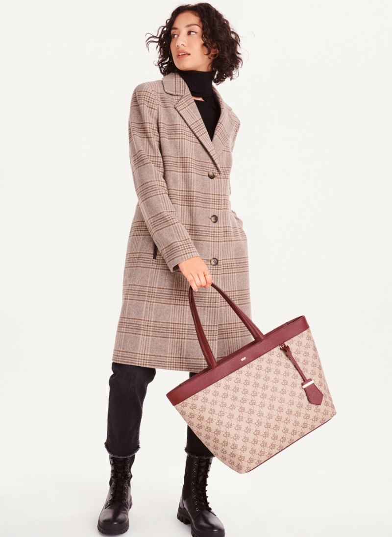 Beige Dkny Brown Plaid Women's Coats | E5200285