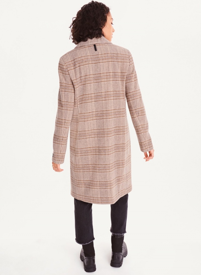 Beige Dkny Brown Plaid Women's Coats | E5200285