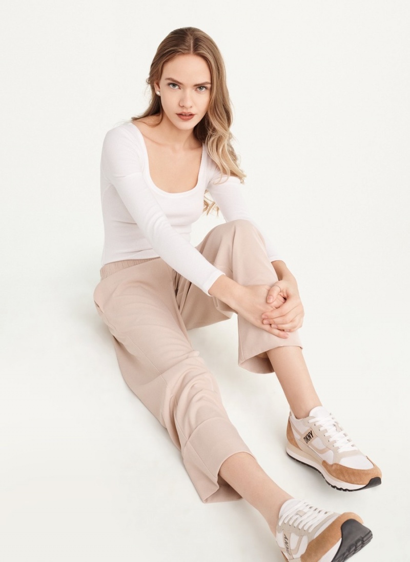 Beige Dkny Cropped Wide Leg Women's Pants | S7532489