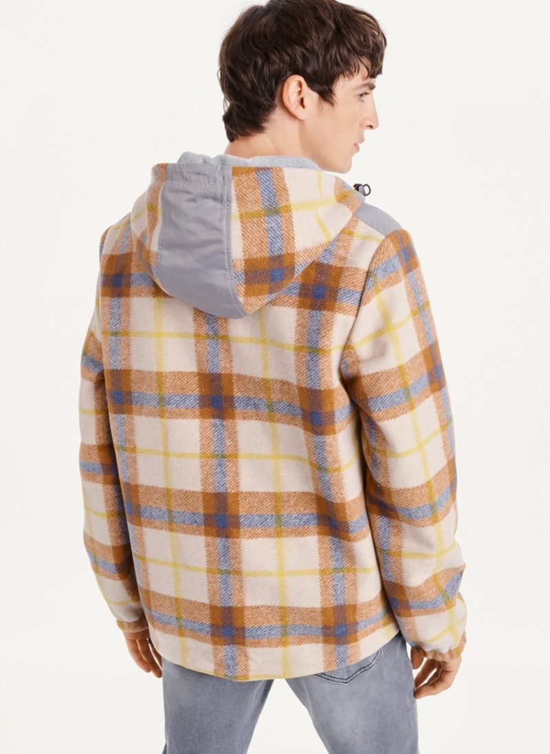 Beige Dkny Gold Plaid Hoodie Men's Jackets | X8075242