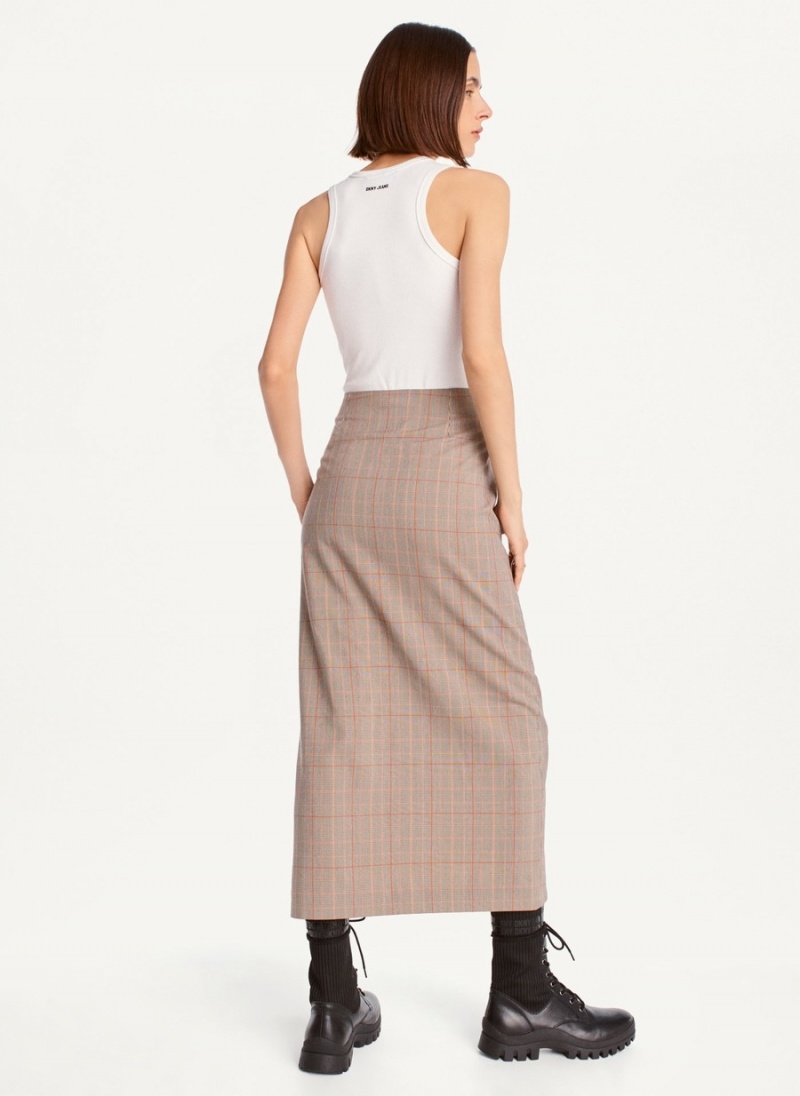 Beige Dkny Plaid Midi Women's Skirts | J4888567