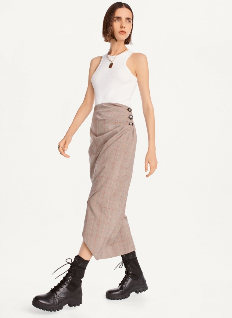 Beige Dkny Plaid Midi Women\'s Skirts | J4888567