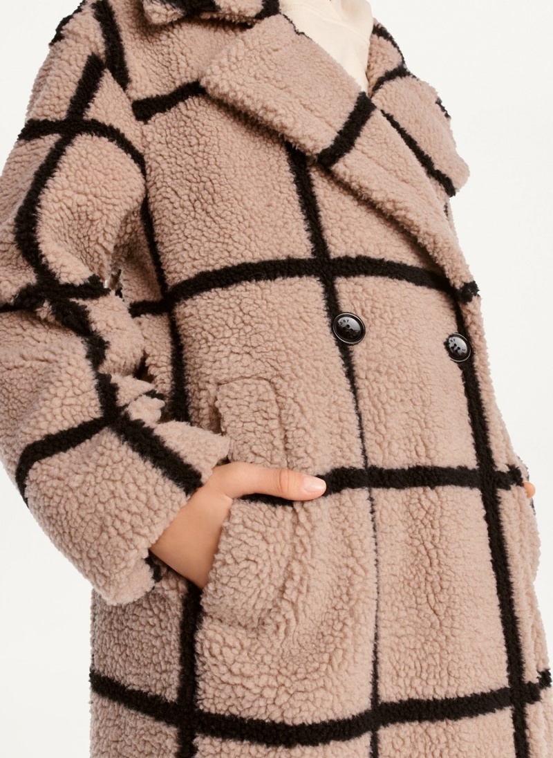 Beige Dkny Windowpane Sherpa Women's Jackets | F1212055