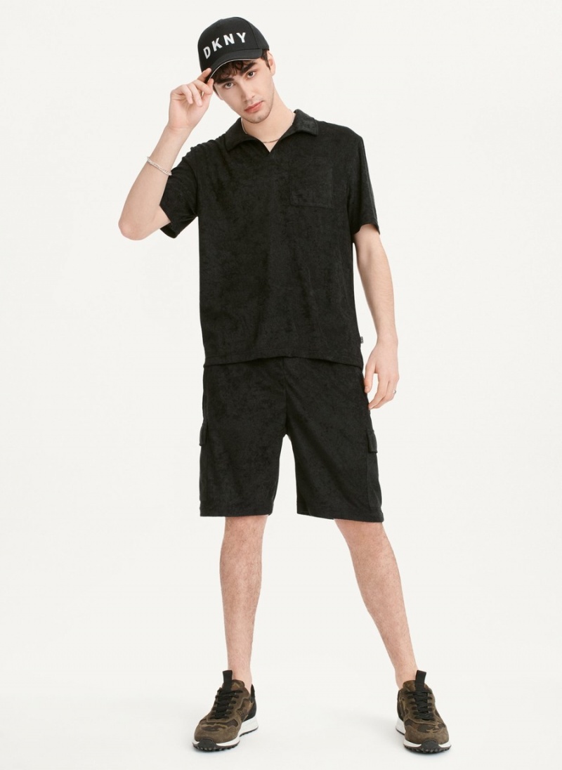 Black Dkny Blend Toweling Short Sleeve Knit Men's Polo Shirts | B2228469