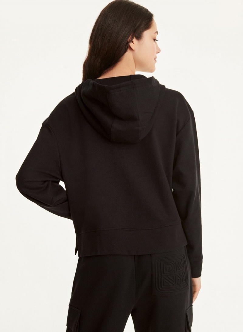 Black Dkny Cotton French Terry with Bag Kangaroo Pocket Women's Hoodie | C3304646