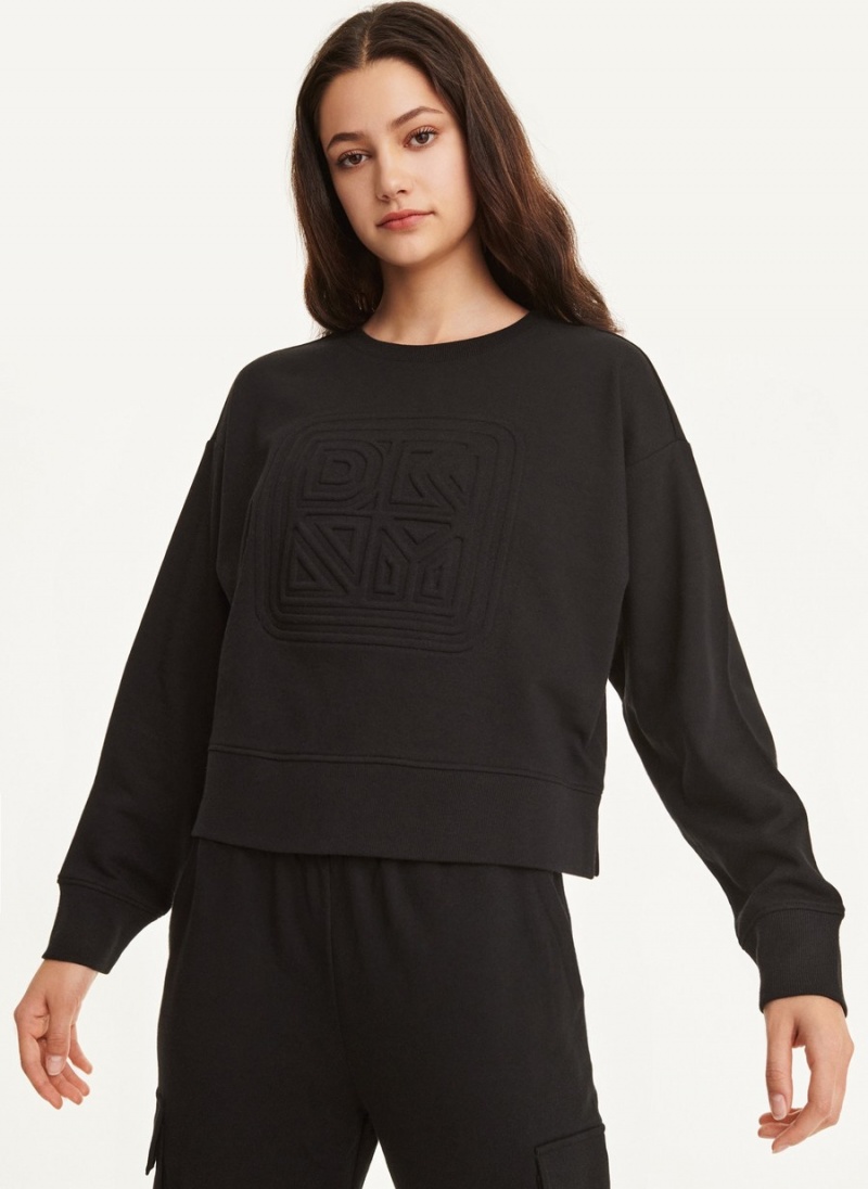 Black Dkny Cotton Jersey Crew With Logo Embossing Women's Sweaters | F1635847