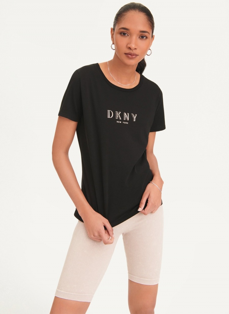 Black Dkny Crinkle Foil Spec Logo Women's T Shirts | F6459461