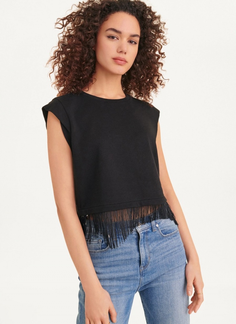 Black Dkny Cropped Fringe Women's Blouse | J8651907