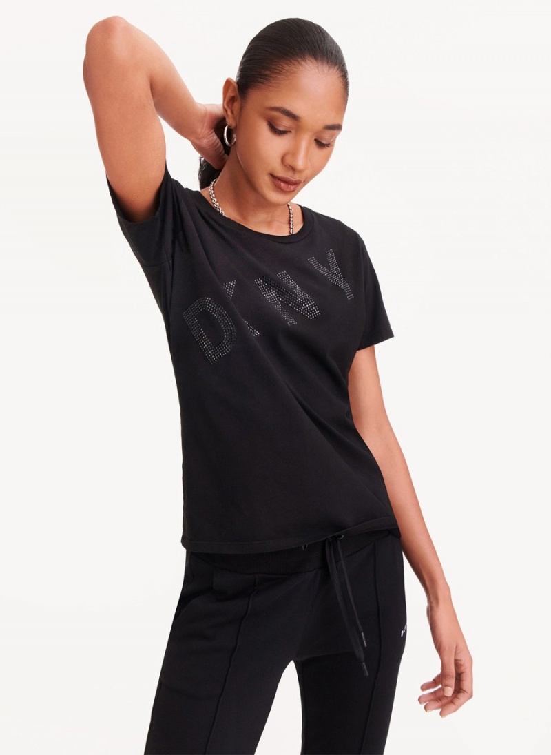 Black Dkny Diagonal Rhinestone Logo Women's T Shirts | D8905018