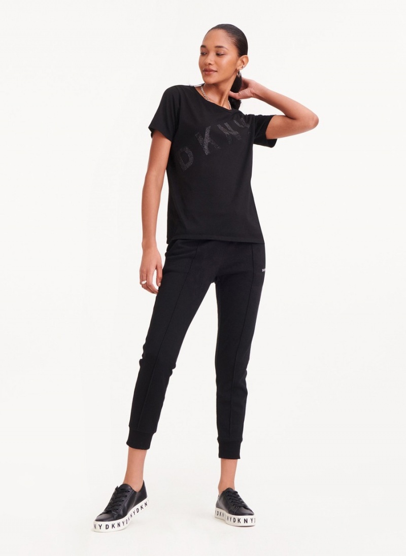 Black Dkny Diagonal Rhinestone Logo Women\'s T Shirts | D8905018