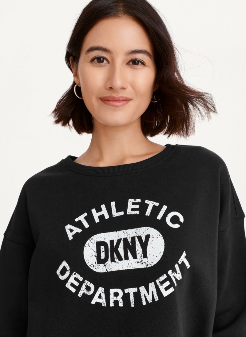 Black Dkny Distressed Varsity Logo Raw Edge Crew Neck Women's Pullover | N7166258