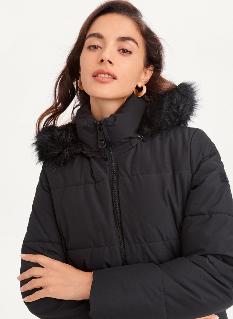 Black Dkny Double-Pocketed Faux-Fur Long Women's Puffer Jacket | L8011295