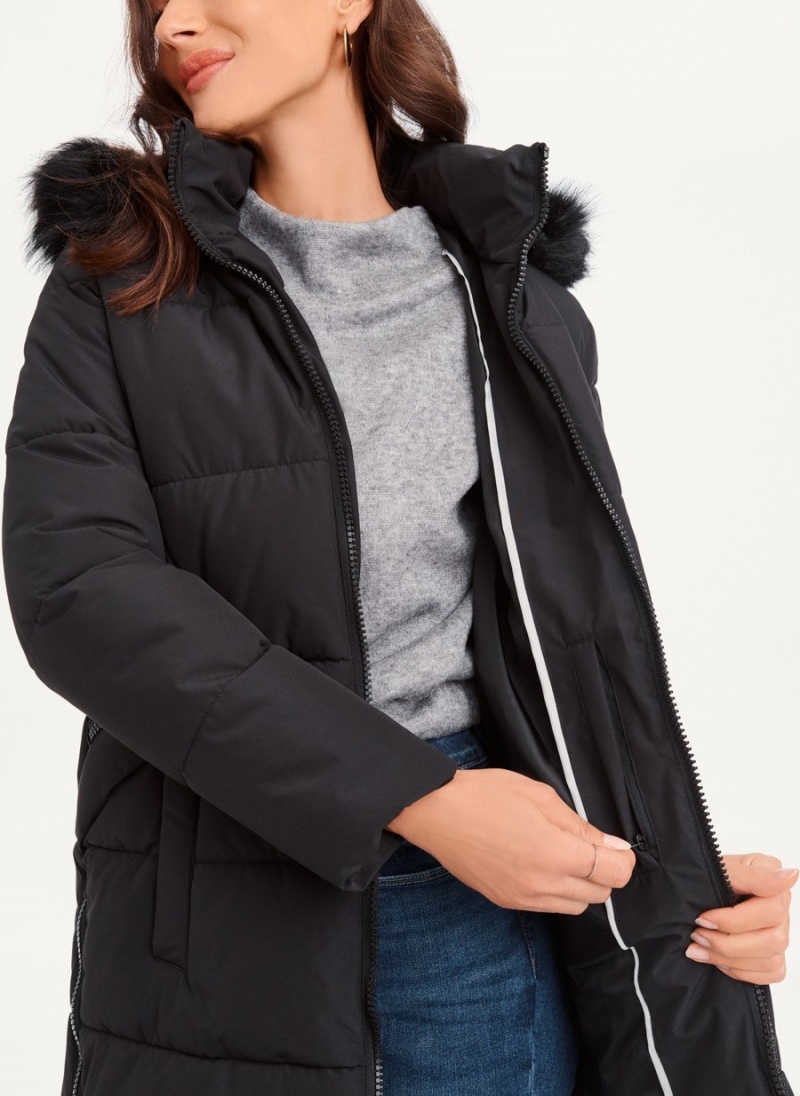 Black Dkny Double-Pocketed Faux-Fur Long Women's Puffer Jacket | L8011295