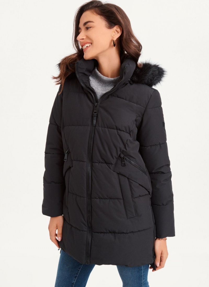 Black Dkny Double-Pocketed Faux-Fur Long Women\'s Puffer Jacket | L8011295