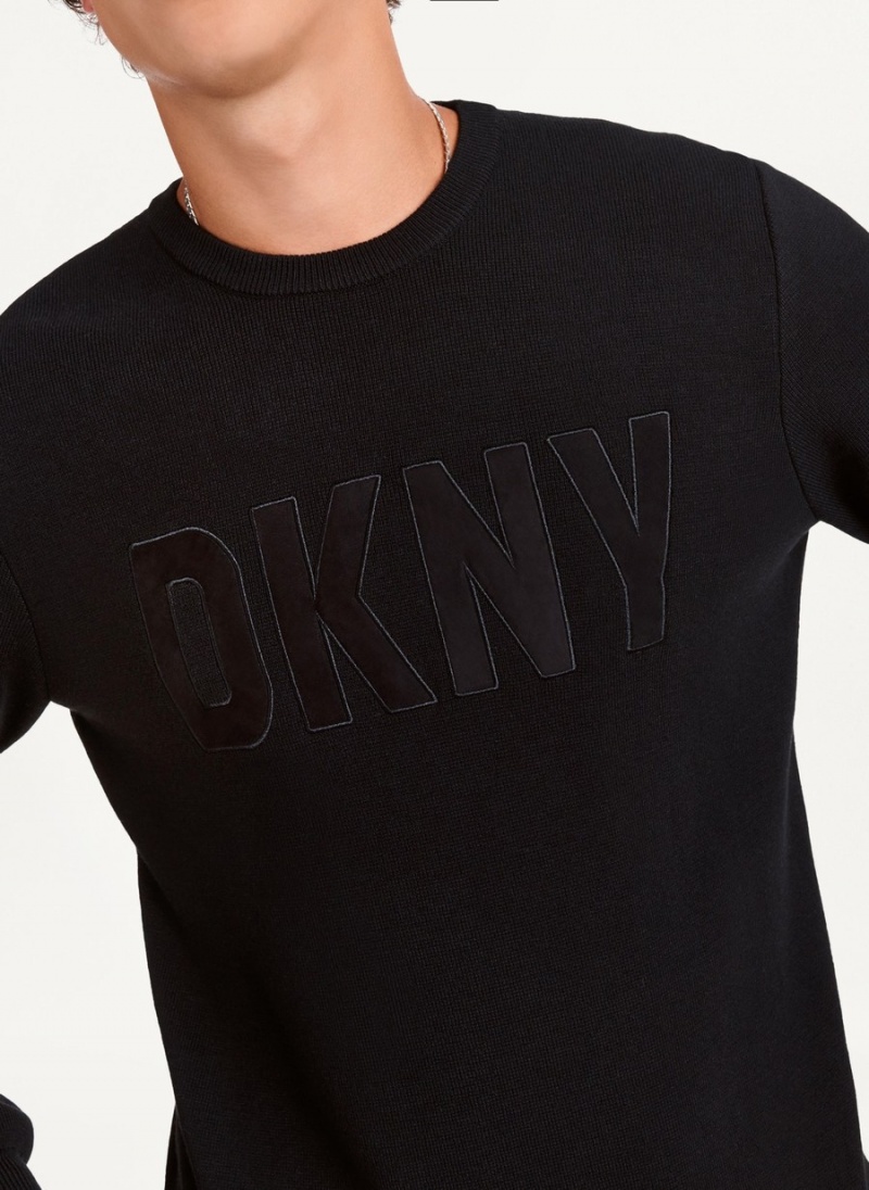 Black Dkny Faux Leather Applique Crew Men's Sweatshirts | I6517686