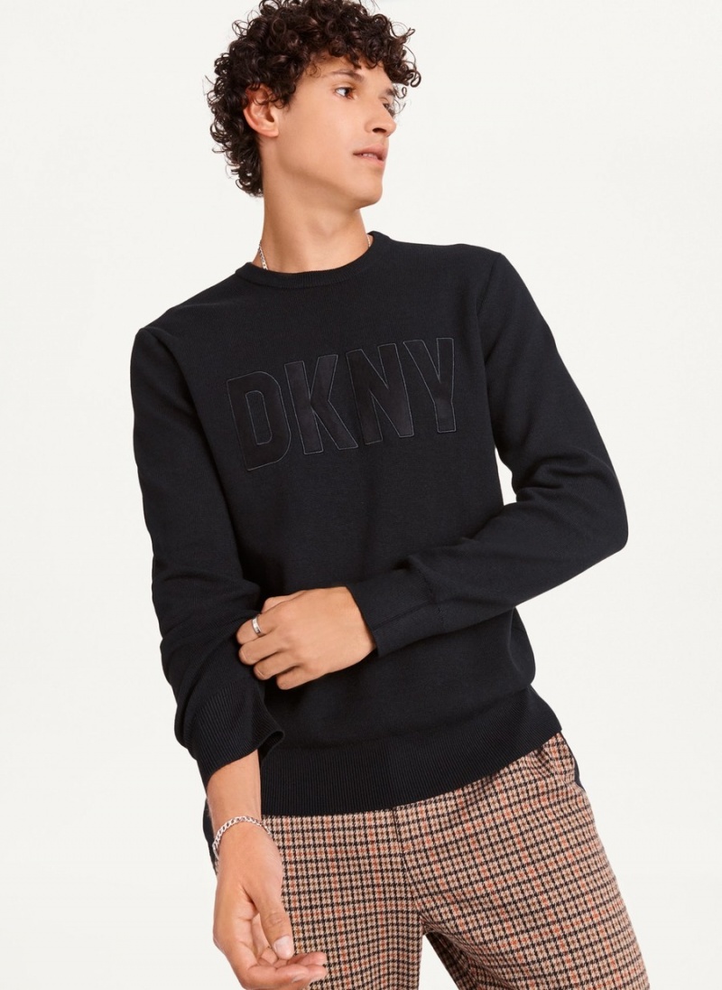 Black Dkny Faux Leather Applique Crew Men\'s Sweatshirts | I6517686