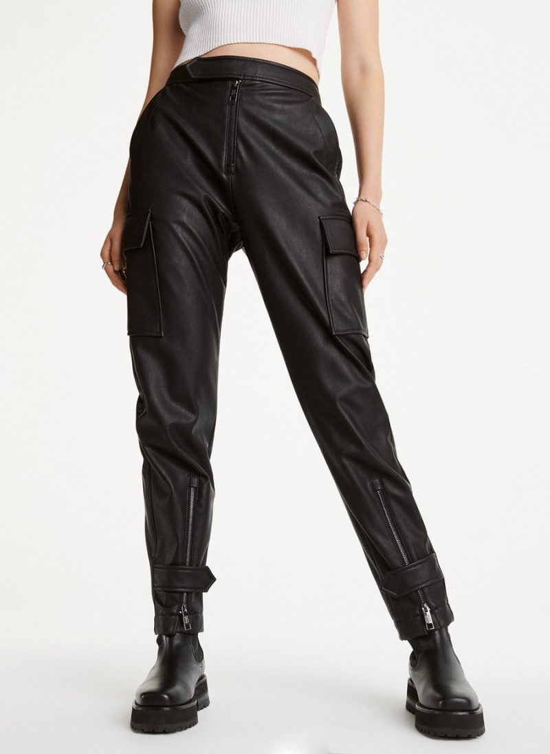 Black Dkny Faux Leather Cargo with Zipper Detail Women\'s Pants | J2791729