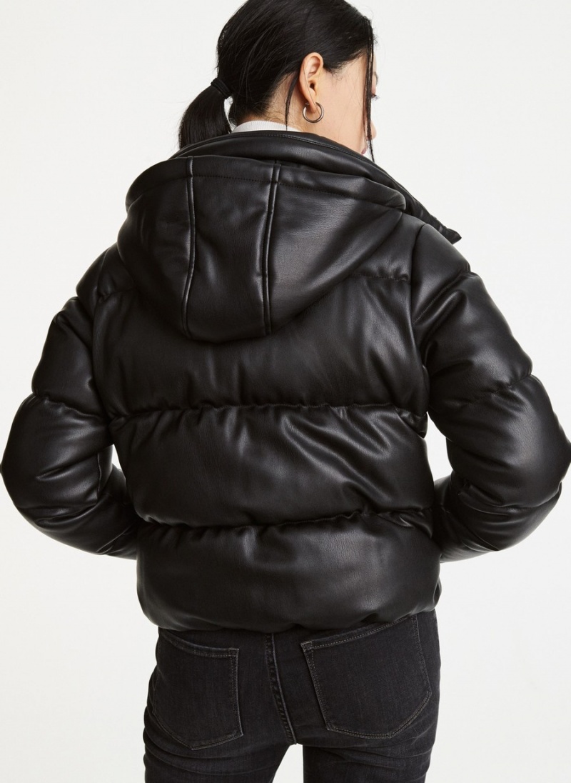 Black Dkny Faux Leather Hooded Women's Puffer Jacket | S5318518